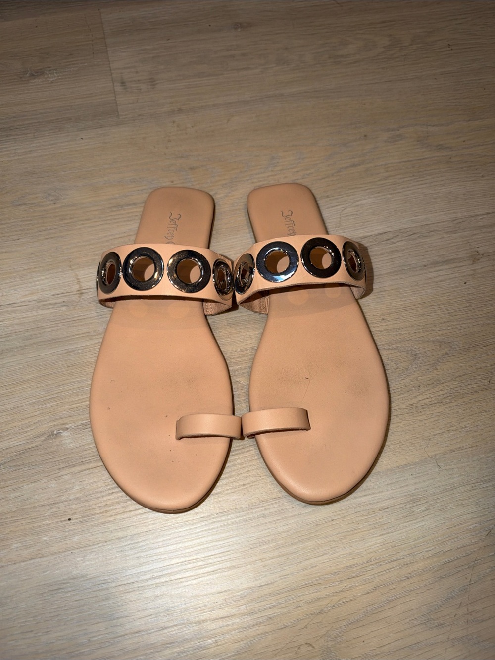 Jeffrey Campbell Peach Slide Sandals with Metallic Eyelet Trim